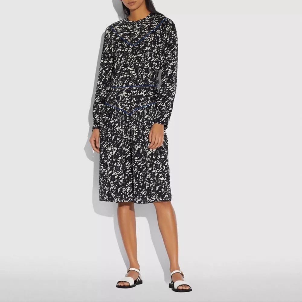 Coach Yoke Static Pattern Jacquard Long Sleeve Midi Dress Back White 0